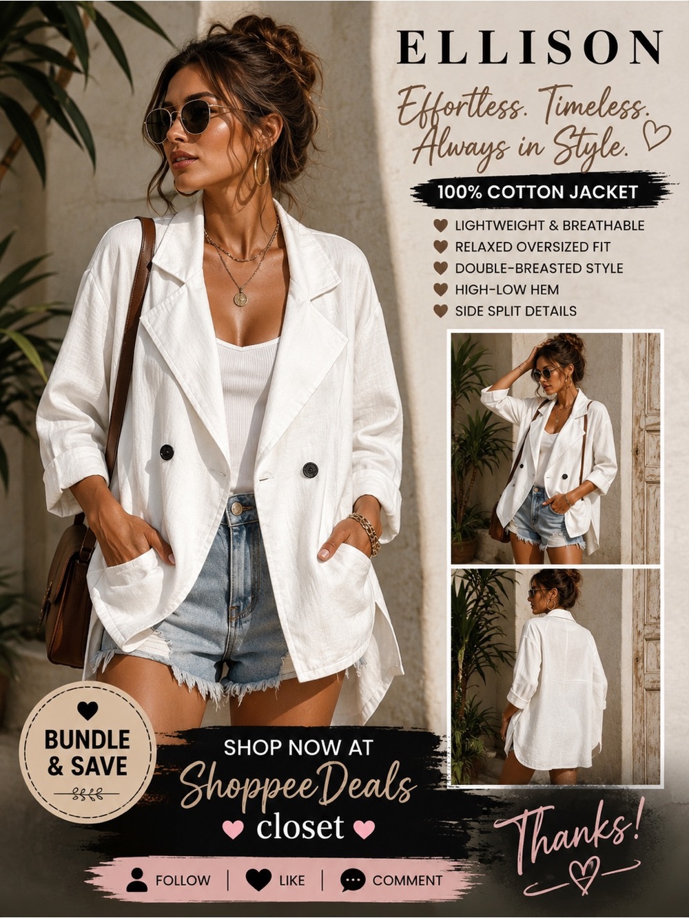 Ellison White 100% Cotton Double-Breasted Jacket – One Size